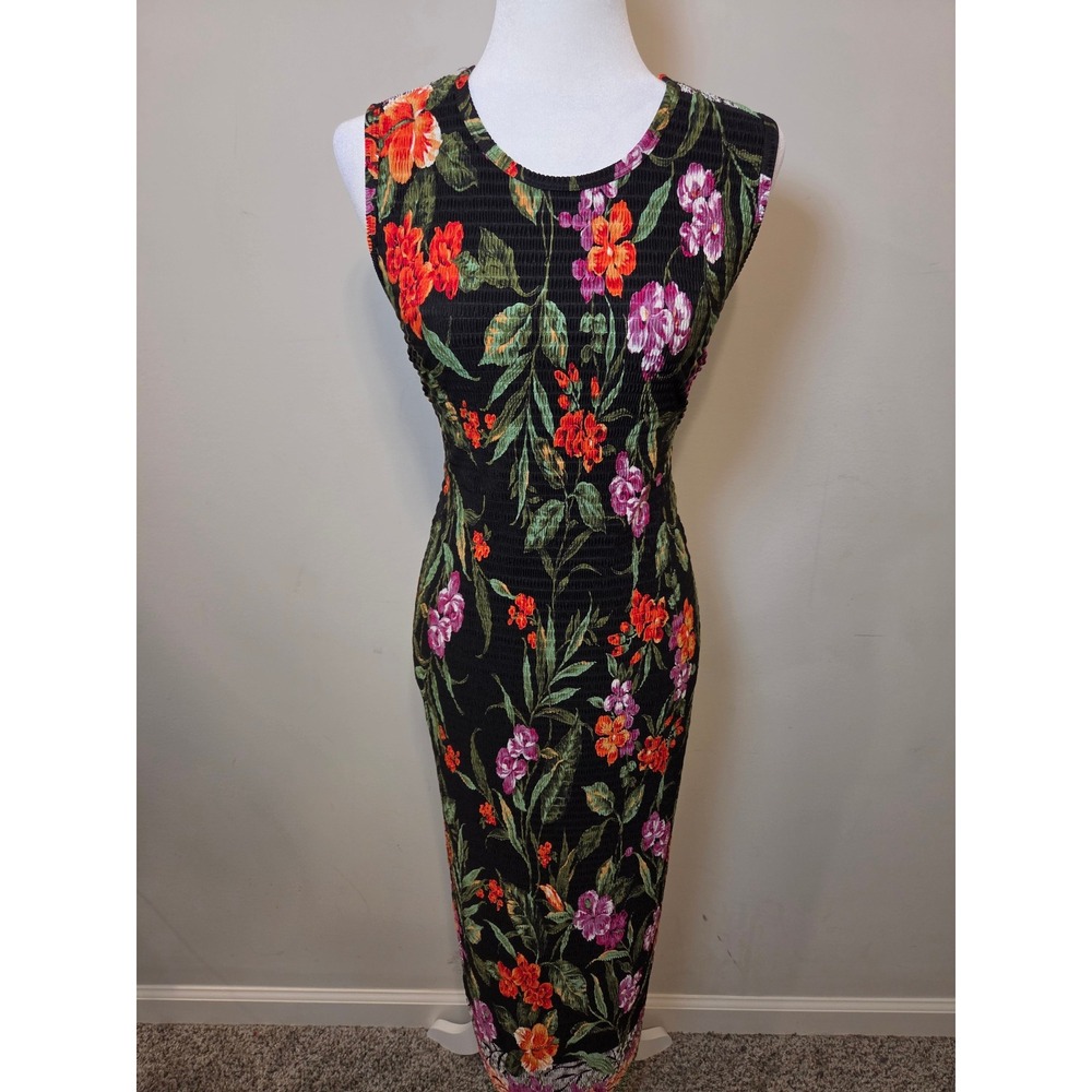 Pleat Pleat by Rafael Black Floral Micro Pleated Sleeveless Maxi Dress Small